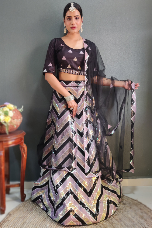 Multi Color Sequins Embroidered Taffeta Silk Party Wear Lehenga