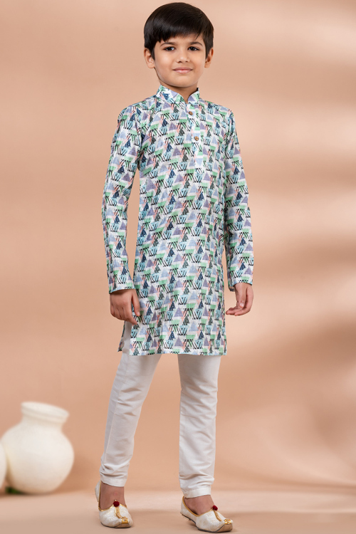 Multi Color Silk Printed Boy's Kurta Pajama For Sangeet 