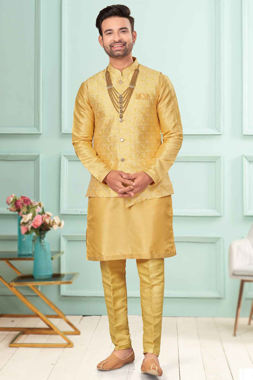Mustard Yellow Art Silk Men's Jacket Style Kurta Pajama With Lace