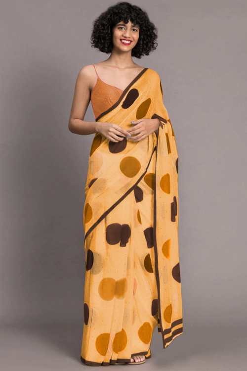 Mustard Yellow Chanderi Saree With Polka Dots