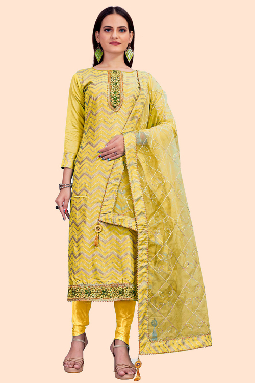 Mustard Yellow Chanderi Silk Straight Cut Churidar Suit