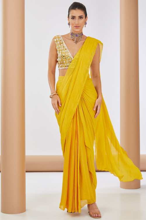 Mustard Yellow Chiffon Indo-Western Saree with Embroidered Blouse For Haldi