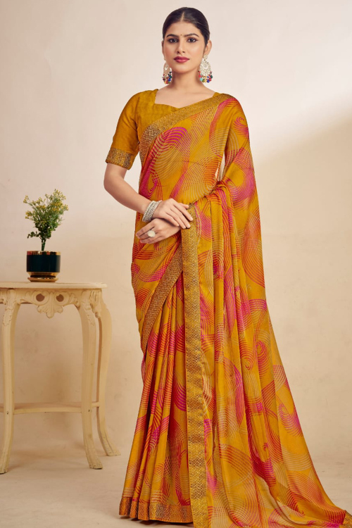 Mustard Yellow Chiffon Saree With Printed Work For Festival