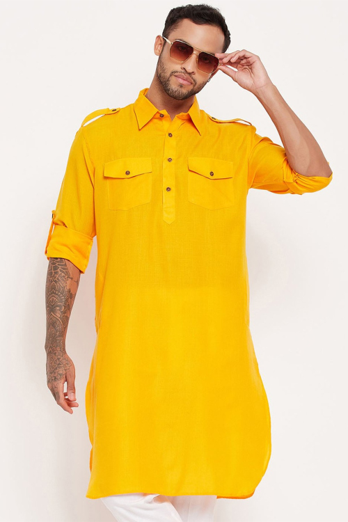 Mustard Yellow Cotton Silk Men&#039;s Kurta Chuidar For Festival