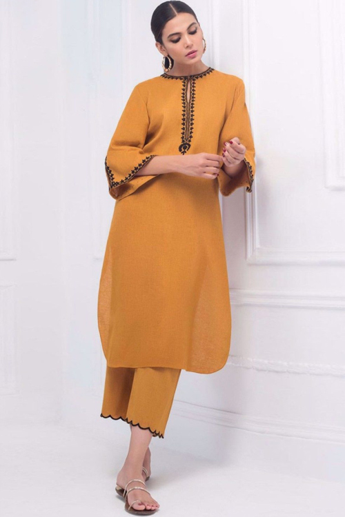 Mustard Yellow Cotton Silk Straight Cut Casual Wear Trouser Suit