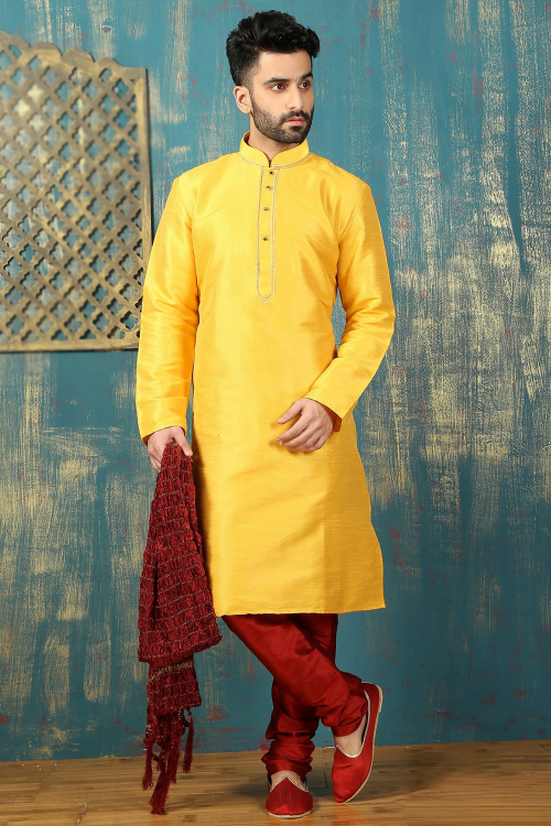Mustard Yellow Dupion Silk Men&#039;s Kurta Churidar With Zari Work
