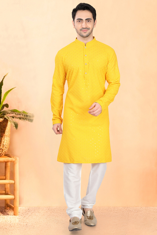 Mustard Yellow Embroidered Cotton Silk Men’s Kurta Churidar