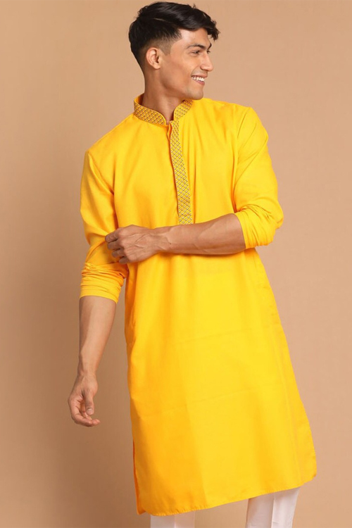 Mustard Yellow Embroidered Cotton Silk Men&#039;s Kurta For Festival