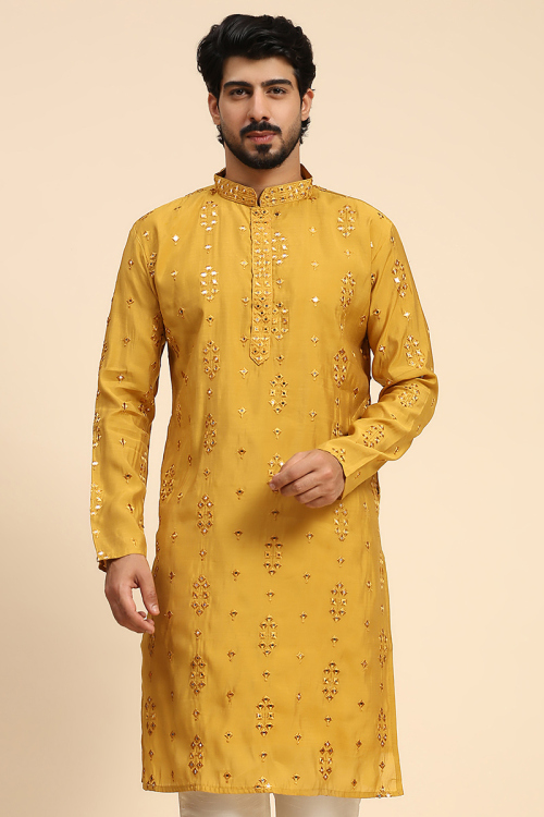 Mustard Yellow Faux Mirror Embroidered Silk Men's Kurta For Haldi