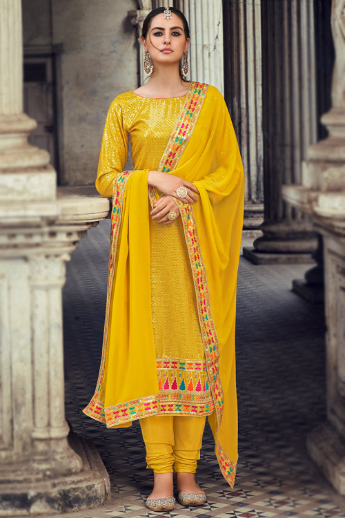 Mustard Yellow Georgette Embroidered Churidar Suit