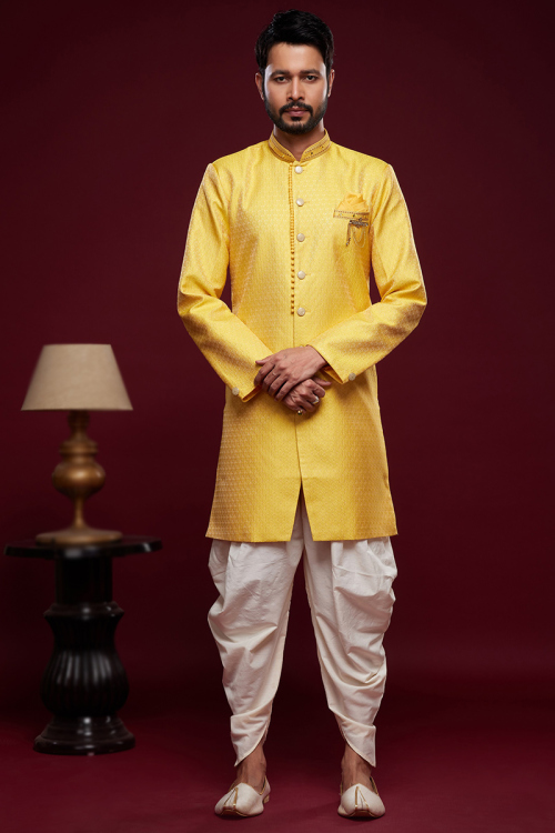 Mustard Yellow Jacquard Weaved Thread Men's Sherwani For Haldi 
