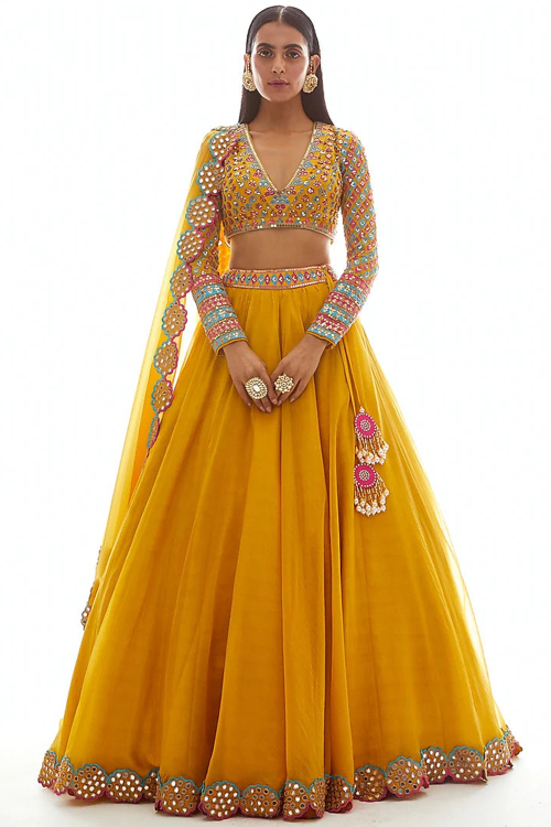 Mustard Yellow Organza Embroidered Flared Style Lehenga 