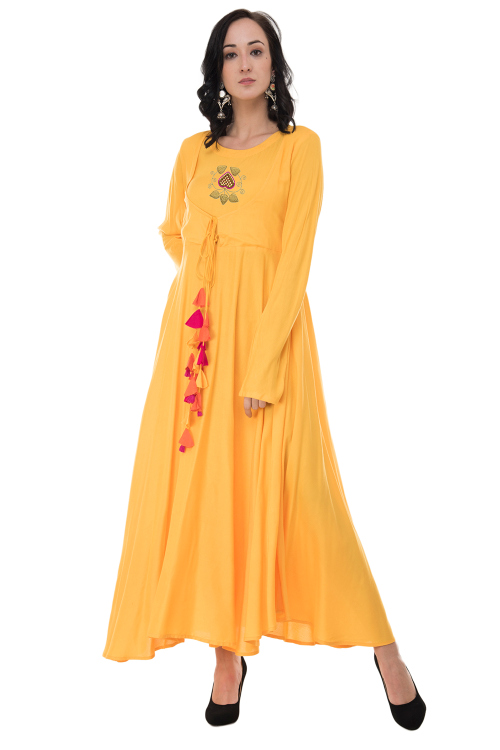 Mustard Yellow Rayon Embroidered Anarkali Style Kurti