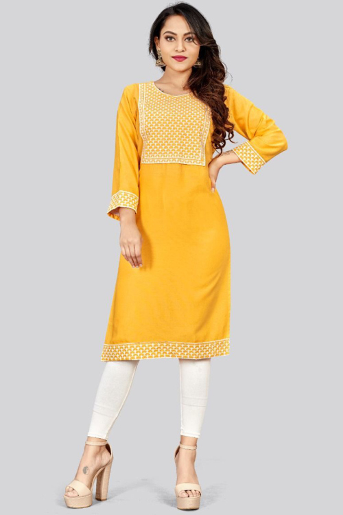Rayon Kurti with Thread Embroidery in Mustard Yellow for Party 