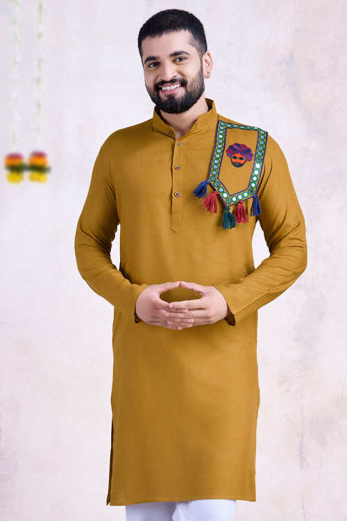 Mustard Yellow Rayon Straight Cut Men's Embroidered Kurta
