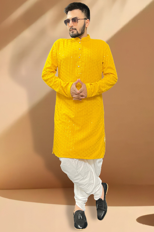 Mustard Yellow Resham Embroidered Straight Cut Men's Dhoti Kurta