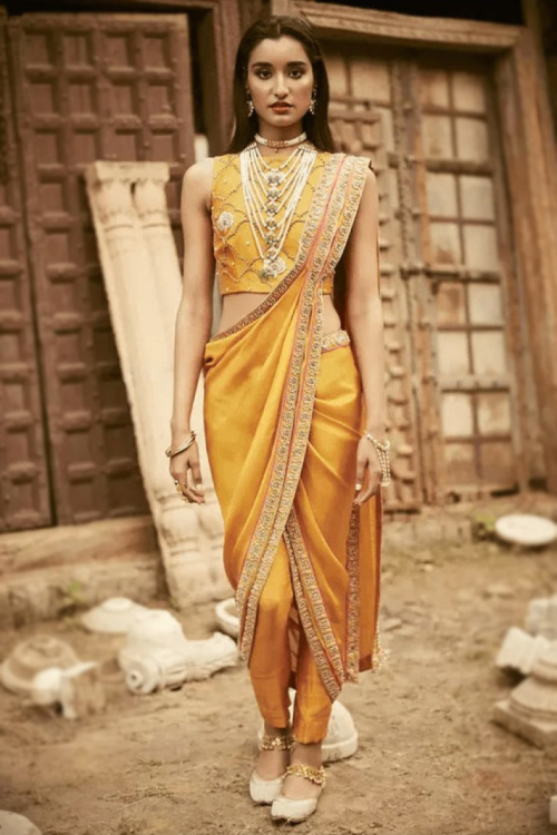 Mustard Yellow Satin Pant Style Saree for Wedding & Party