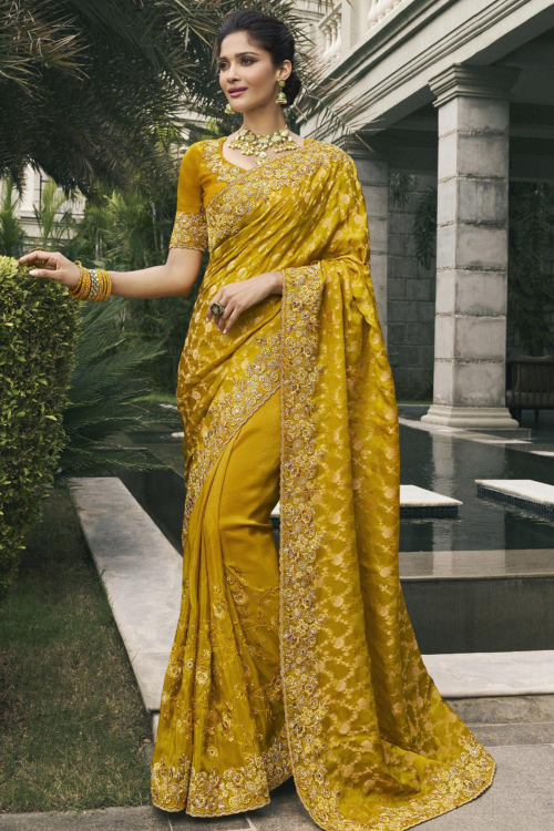 Heavy Mustard Yellow Silk Saree with Dori & Stone Work