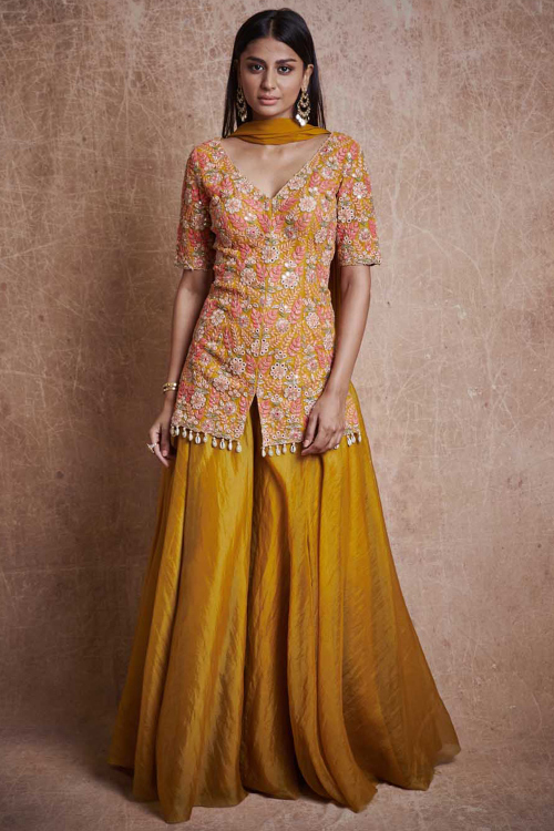 Mustard Yellow Silk Mirror Embroidered Front Slit Wedding Palazzo Suit