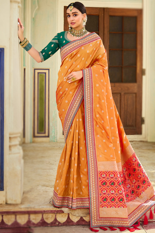Silk Mustard Yellow Lace Embroidered Party Wear Saree