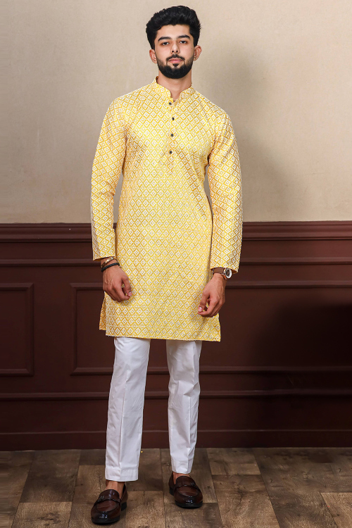 Mustard Yellow Silk Resham Embroidered Men's Kurta Pajama