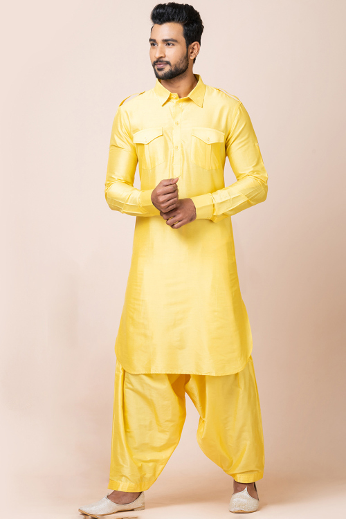 Mustard Yellow Silk Straight Cut Pathani Men's Kurta With Salwar