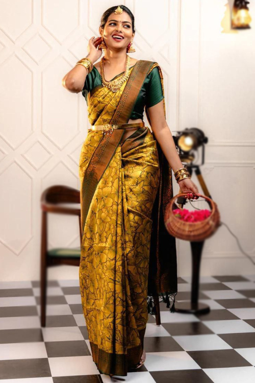 Mustard Yellow Silk Woven Zari Broad Border Saree