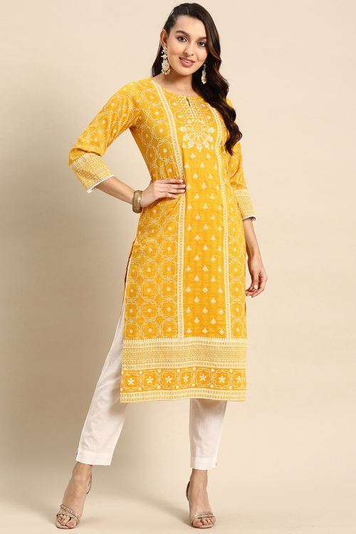 Mustard Yellow Straight Printed Cotton Kurti
