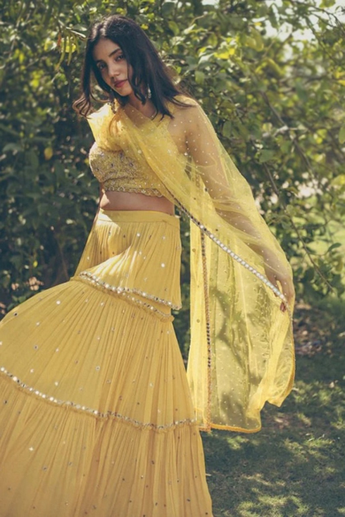 Mustard Yellow Zari Embroidered Georgette Layered Style Lehenga for Wedding & Party