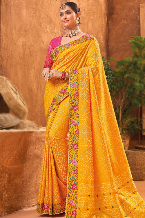 Mustard Yellow Zari Embroidered Silk Wedding Wear Saree