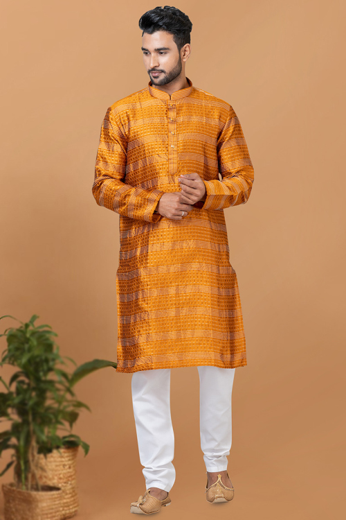 Mustered Yellow Silk Embroidered Straight Cut Men's Kurta Pajama