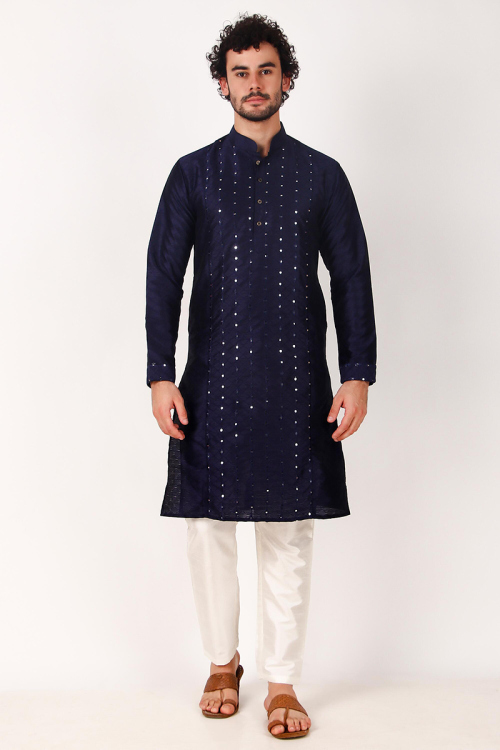 Navy Blue Art Silk Embroidered Straight Cut Men's Kurta Pajama