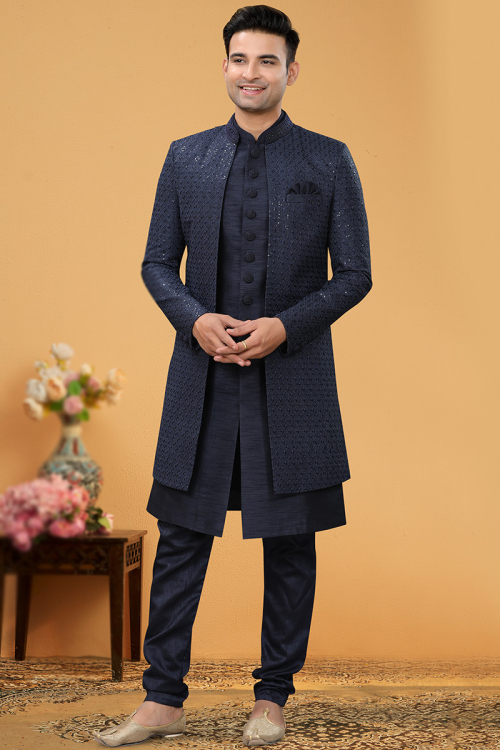 Navy Blue Art Silk Indo-Western Men Sherwani