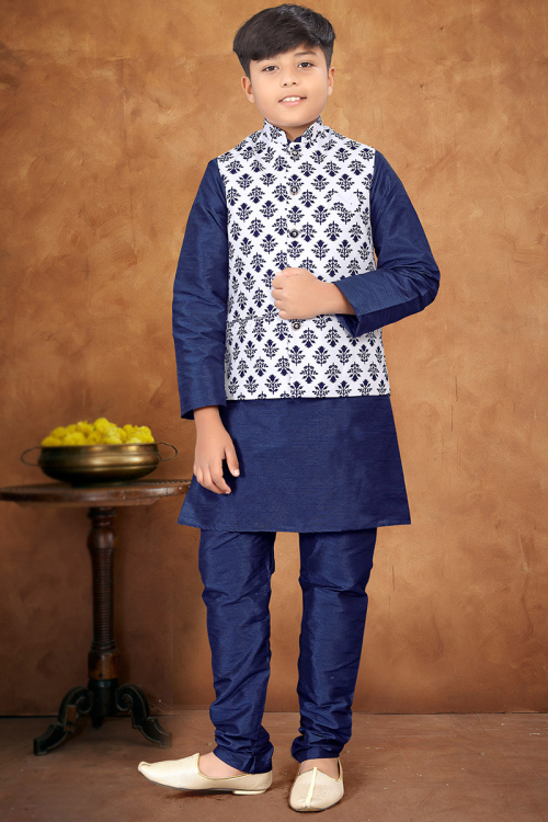 Navy Blue Art Silk Jacket Style Boy's Kurta With Churidar