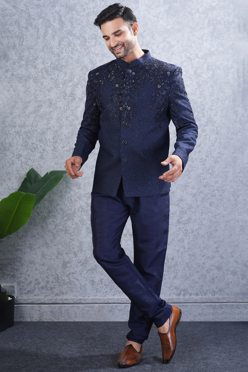 Navy Blue Art Silk Jodhpuri Style Men&#039;s Sherwani With Cutdana Work