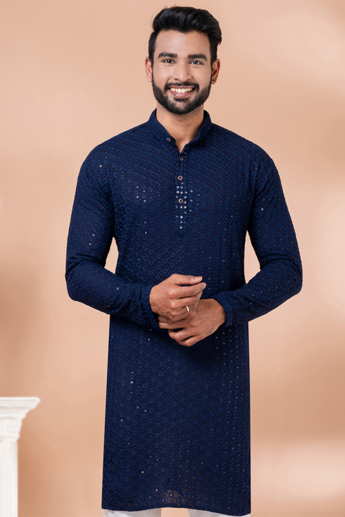 Navy Blue Chikankari Embroidered Rayon Men's Kurta For Sangeet 