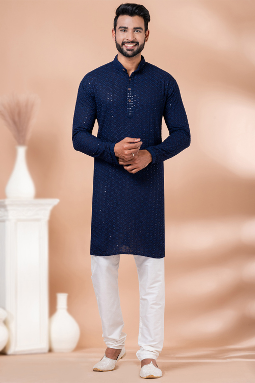 Navy Blue Chikankari Embroidered Rayon Men's Kurta Pajama 