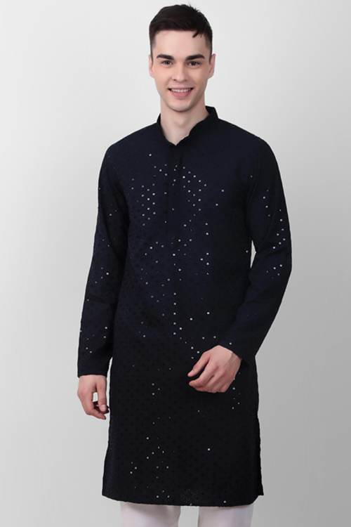 Navy Blue Cotton Chikankari Embroidered Straight Cut Men's Kurta
