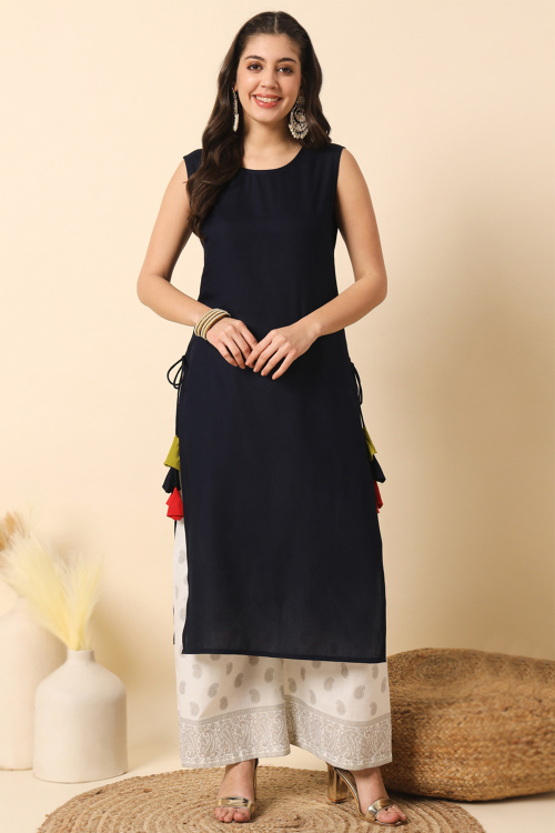 Navy Blue Cotton Kurti For Casual Wear