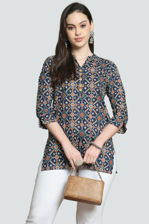 Navy Blue Cotton Kurti with Printed Design for New Year