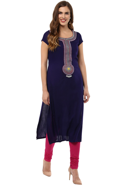 Navy Blue Cotton Kurti With Resham Work For Casual Wear