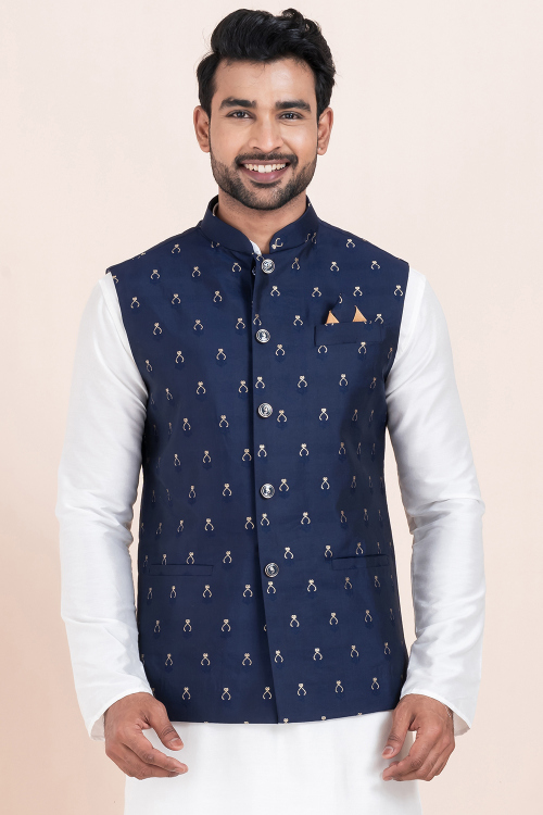Navy Blue Cotton Silk Embroidered Waistcoat For Men 