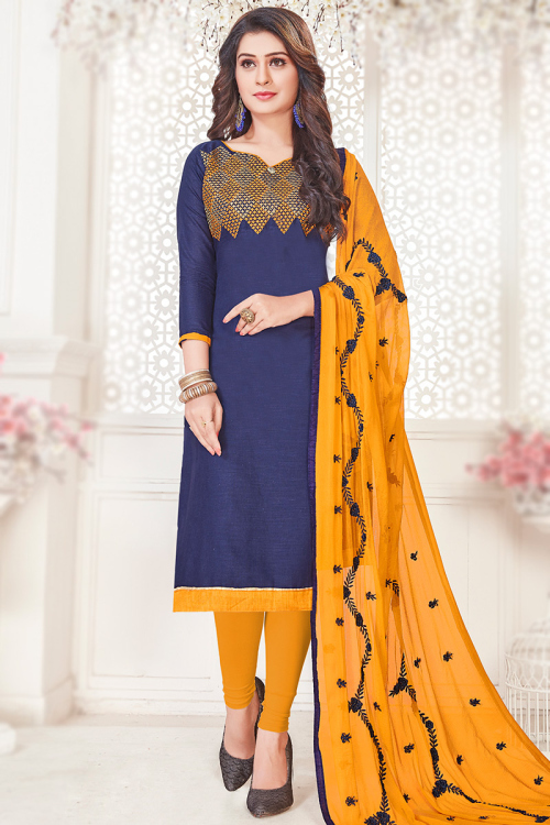 Cotton Churidar Suit in Navy Blue colour for Casual Wear