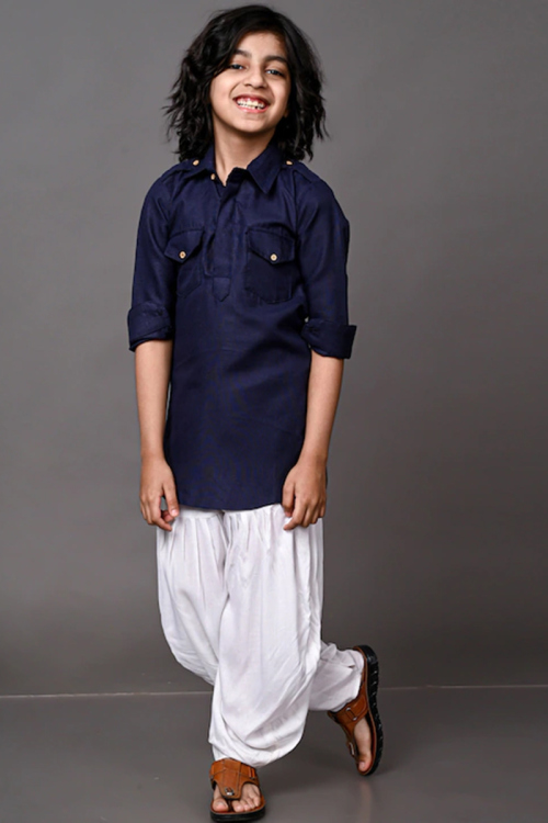 Navy Blue Cotton Straight Cut Kid's Kurta Pajama