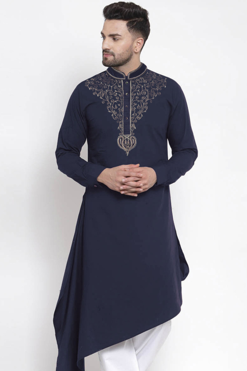Navy Blue Cotton Zari Embroidered Men's Kurta Pajama