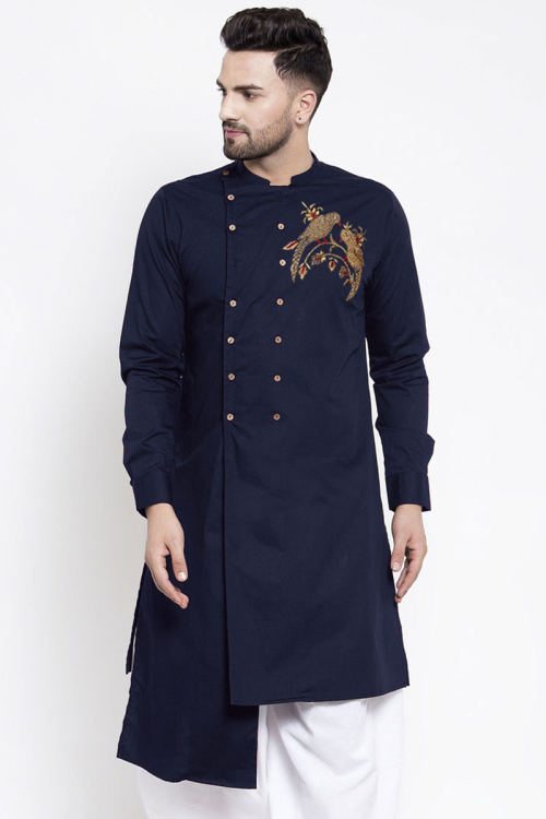 Navy Blue Dupion Silk Embroidered Kurta for Men