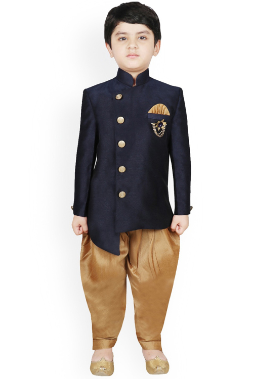 Navy Blue High Low style Wedding Wear Men Sherwani in Dupion Silk