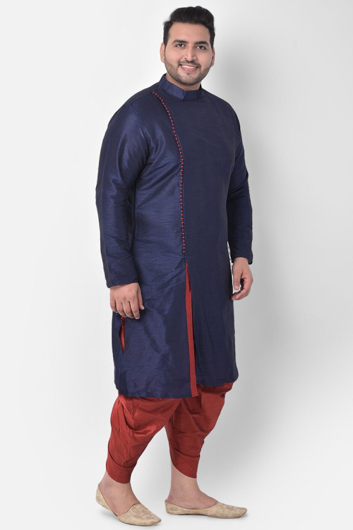 Navy Blue Dupion Silk Side Slit Men Kurta With Dhoti 