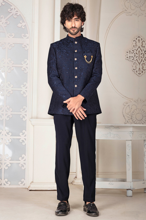 Navy Blue Embroidered Royan Men&#039;s Sherwani