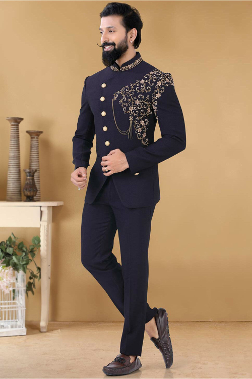 Navy Blue Embroidered Terry Rayon Jodhpuri Style Men's Sherwani